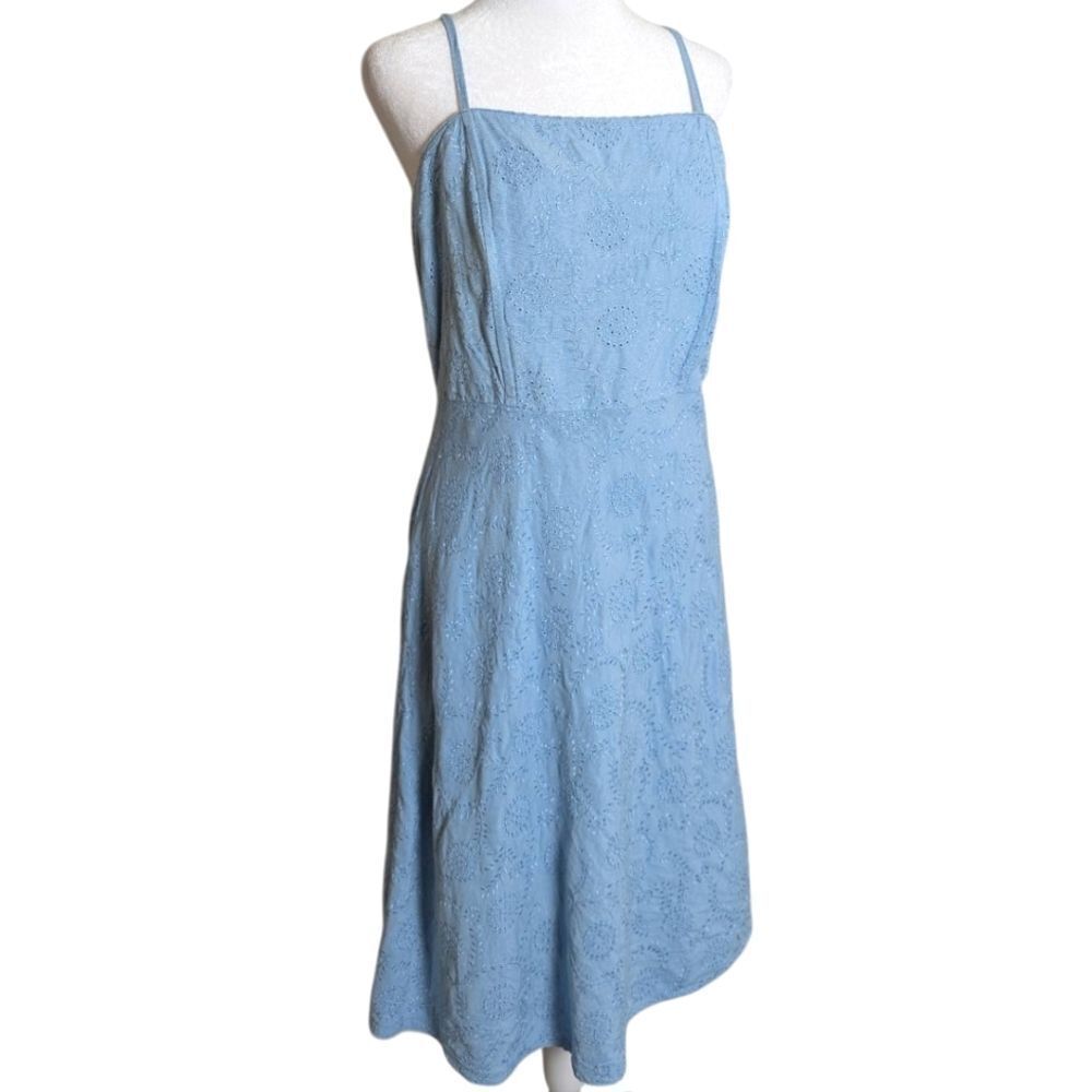 Kenar Sky Embroidered Eyelet Linen Spaghetti Strap Dress Womens 8